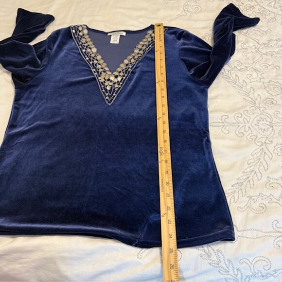 Carol Rose Womens Tunic Size L Blue Velvet Sequin  V-Neck Long Sleeve Top - Picture 9 of 11